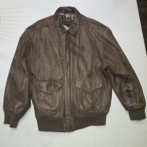 Vtg Bay Waters Brown Leather Mens Jacket w/Globe Print Lining Medium